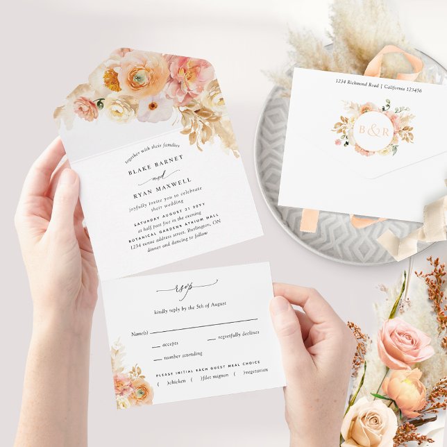 Peach Champagne and Blush Floral Wedding with RSVP All In One Invitation (Creator Uploaded)