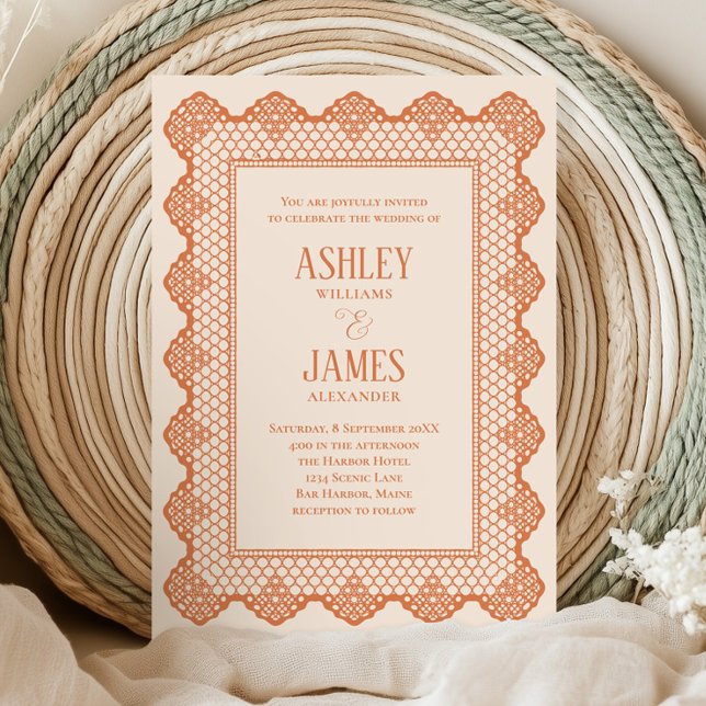 Peach Chantilly Lace Border All in One Wedding Invitation (Creator Uploaded)