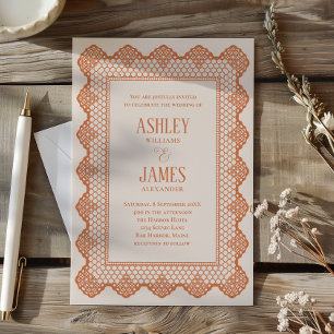 Peach Chantilly Lace Border Elegant Wedding Invitation