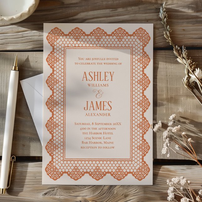 Peach Chantilly Lace Border Elegant Wedding Invitation (Creator Uploaded)
