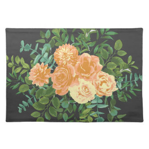 Peach & Charcoal Grey Peony & Rose Floral Wedding Cloth Placemat