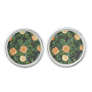 Peach & Charcoal Grey Peony & Rose Floral Wedding Cufflinks