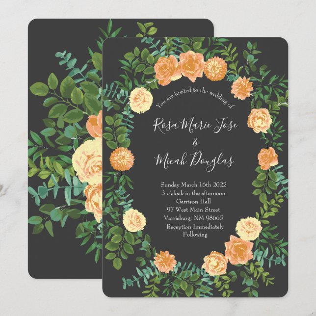 Peach & Charcoal Grey Peony & Rose Floral Wedding Invitation (Front/Back)