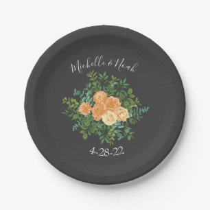 Peach & Charcoal Grey Peony & Rose Floral Wedding Paper Plates