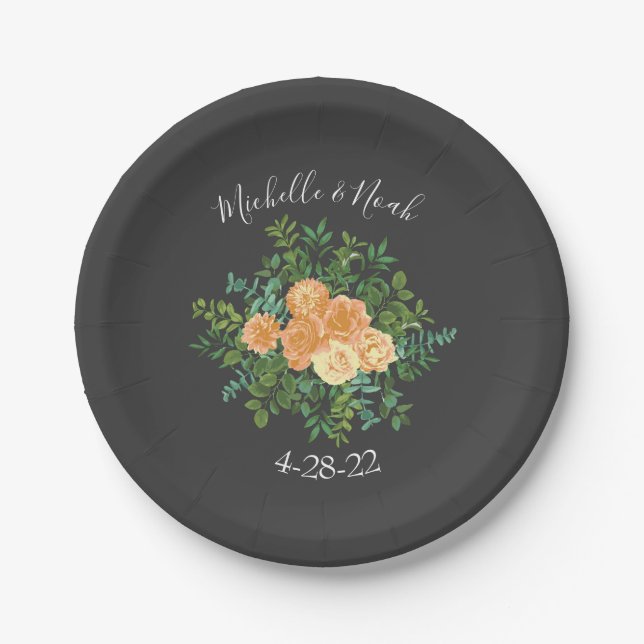 Peach & Charcoal Grey Peony & Rose Floral Wedding Paper Plates (Front)