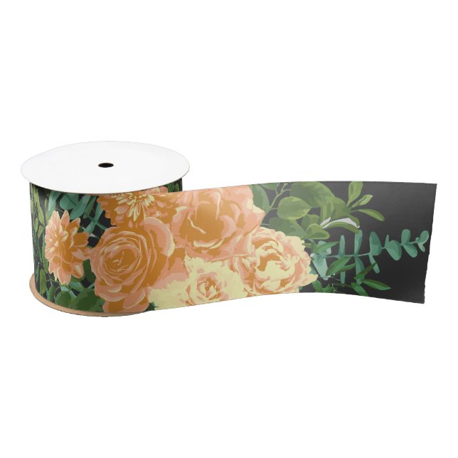 Peach & Charcoal Grey Peony & Rose Floral Wedding Satin Ribbon (Spool)
