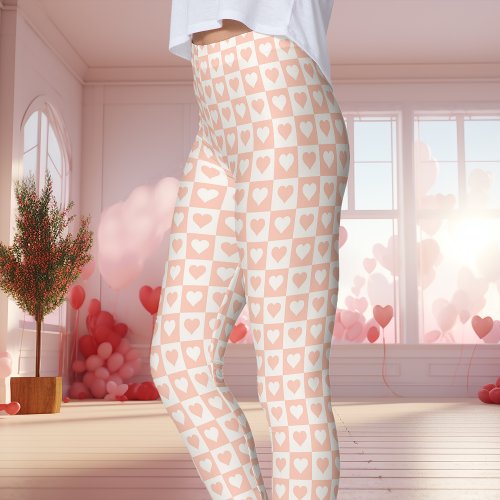 Peach Checkerboard Heart Valentine'S Day Leggings