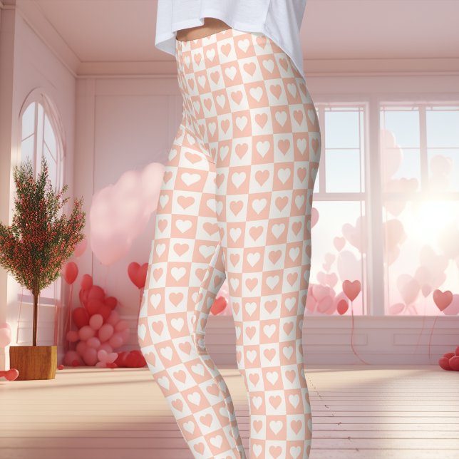 Peach Checkerboard Heart Valentine's Day Leggings (Creator Uploaded)