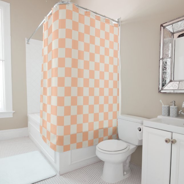 Peach Checkered Checked Check Checkerboard Pattern Shower Curtain (In Situ)