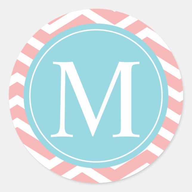Peach Chevron Blue Monogram Classic Round Sticker (Front)