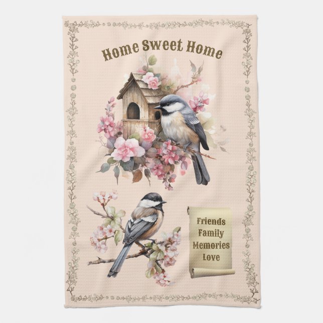 Peach Chickadee Home Sweet Home  Kitchen Towel (Vertical)