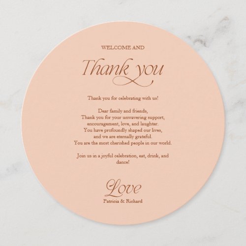 Peach Circle Wedding Menu and Thank You Place Card