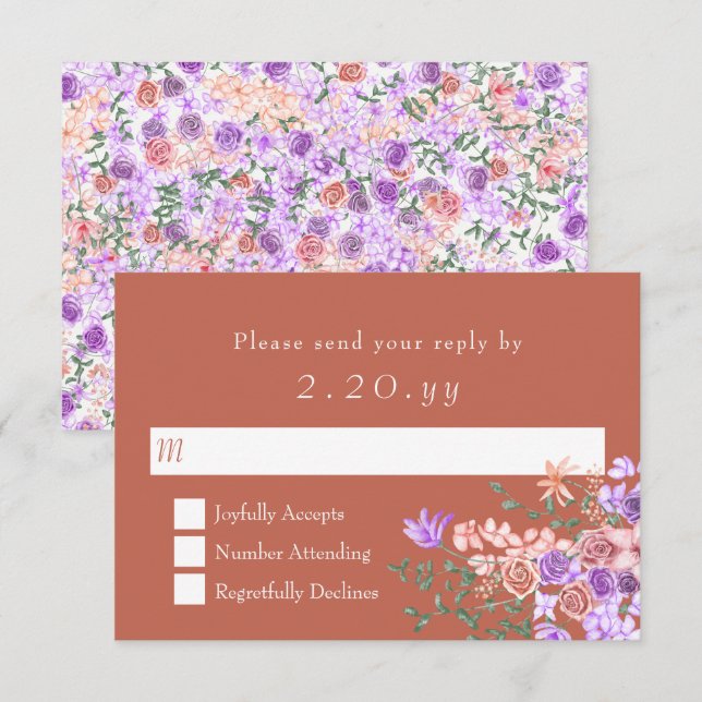 Peach, Clay, Lilac Rose Bouquet Wedding RSVP Card (Front/Back)