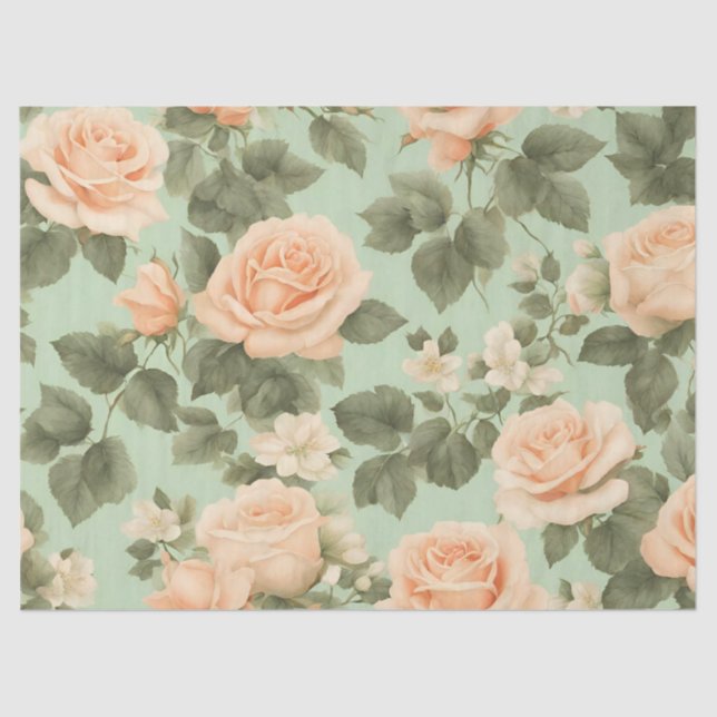 Peach Color Roses on Light Green Background  Tissue Paper (Front)