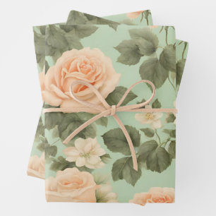 Peach Color Roses on Light Green Background Wrapping Paper Sheets