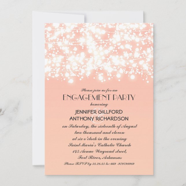peach color string lights engagement party invitation (Front)