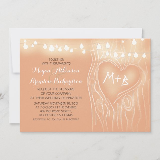 Peach color string lights tree romantic wedding invitation (Front)