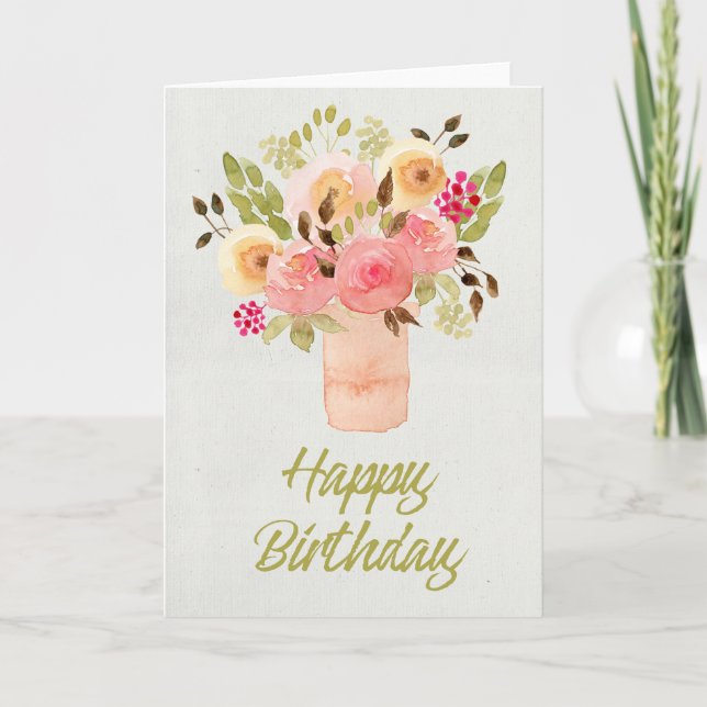 Peach Color Watercolor Flowers Birthday Card (Front)