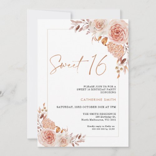 Peach Colored Boho Floral Sweet 16 Birthday Invitation