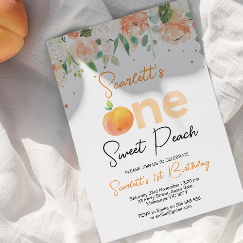 Peach Colored Floral Sweet Peach 1st Birthday Invitation