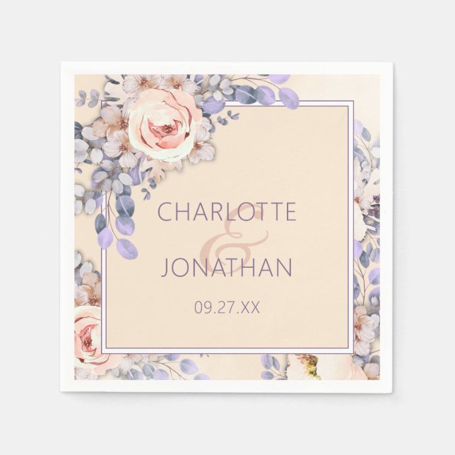 Peach Colored Floral Wedding Paper Napkins (Front)