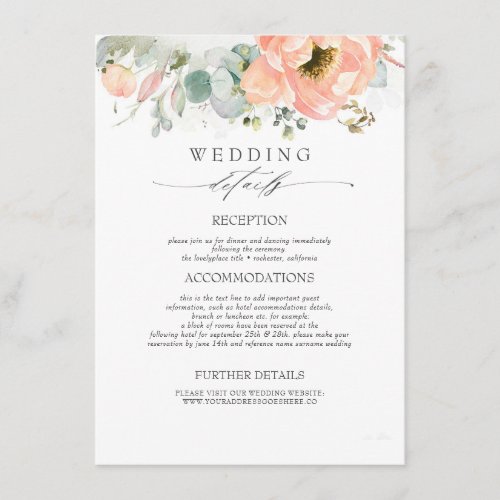 Peach Colored Flowers Wedding Information Enclosure Card