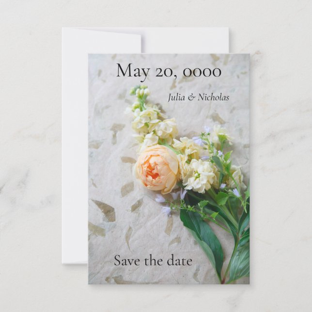 Peach-colored rose bouquet save the date (Front)