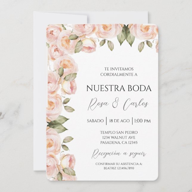 Peach colored  Rose Spanish Wedding Invitation (Front)
