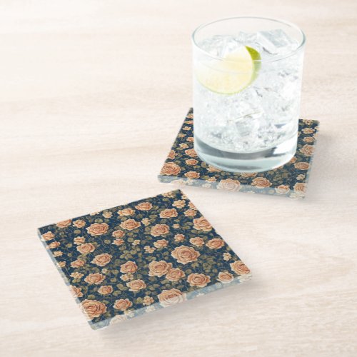 Peach_colored Roses Pattern Glass Coaster