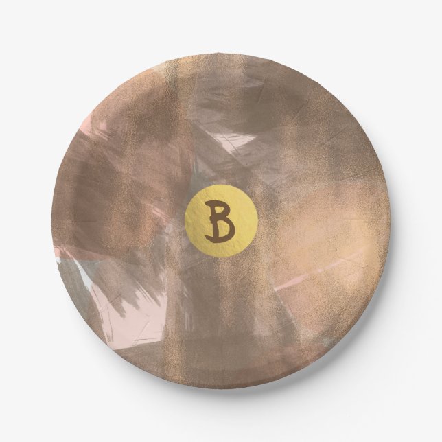 Peach & Copper Bronze Chic Modern Monogram Gold Paper Plates (Front)
