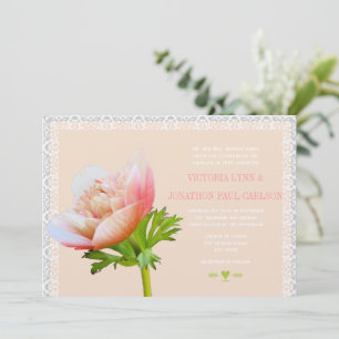 Peach Coral and Lace Peony Floral Wedding Invitation