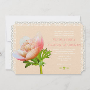 Peach Coral and Lace Peony Floral Wedding Invitation