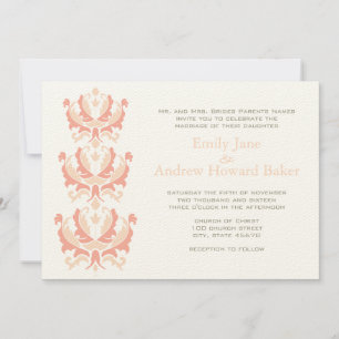 Peach Coral and Mushroom Damask Wedding Invitation