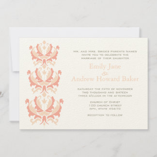 Peach Coral and Mushroom Damask Wedding Invitation