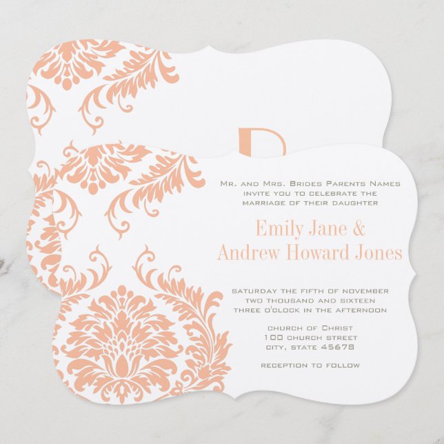 Peach Coral and Mushroom Damask Wedding Invitation (Front/Back)