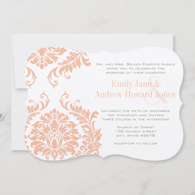 Peach Coral and Mushroom Damask Wedding Invitation (Front)