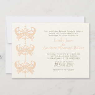 Peach Coral and Mushroom Damask Wedding Invitation