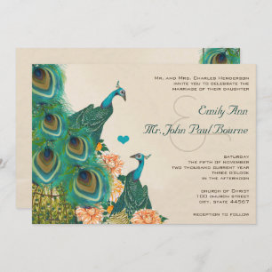 Peach Coral Apricot Peony Birdcage Peacock Wedding Invitation