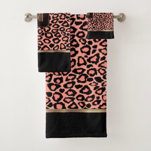 Peach Coral  Black Leopard Pattern with Monogram Bath Towel Set