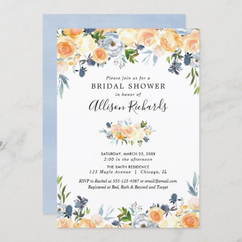 Peach coral blue floral watercolor bridal shower invitation