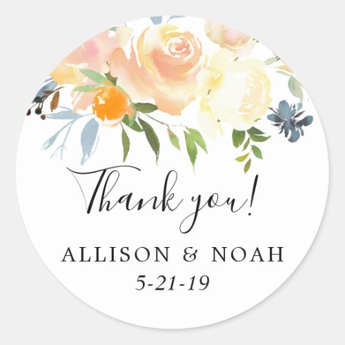 Peach coral blue floral watercolor wedding favor classic round sticker