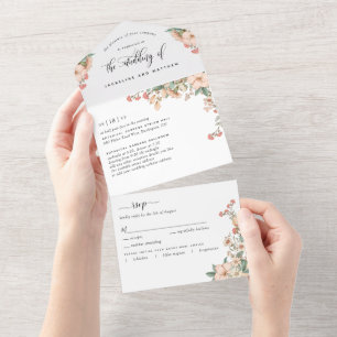 Peach Coral Botanical Wedding Tear Off RSVP All In One Invitation