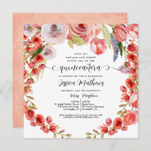 Peach Coral Floral and Glitter Quinceañera Invitation