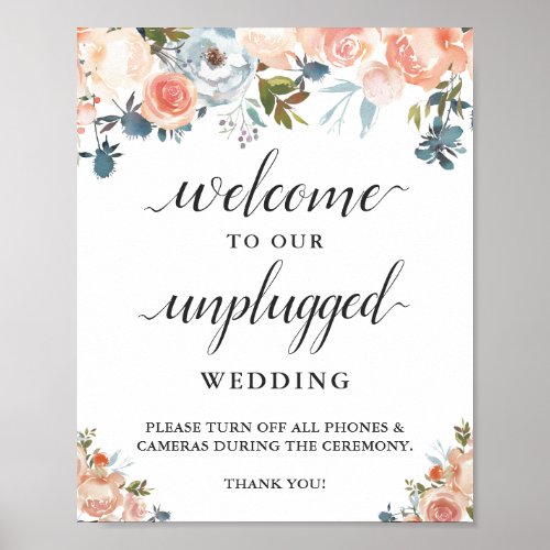 Peach Coral Floral Unplugged Wedding Ceremony Sign