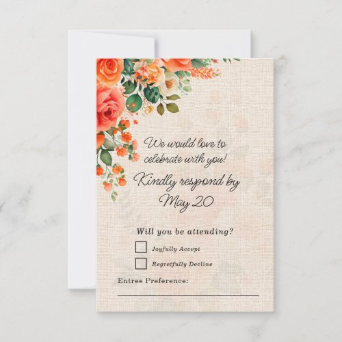 Peach Coral Floral Wedding RSVP Card Elegant Linen