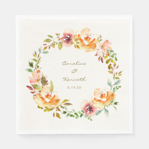 Peach Coral Floral Wreath Personalized Wedding Napkins