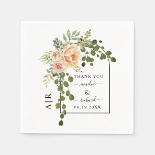Peach coral flowers, arch and monogram wedding napkins
