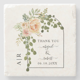 Peach coral flowers, arch and monogram wedding stone coaster