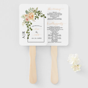 Peach coral flowers arch, initials wedding program hand fan