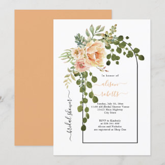 Peach coral flowers arch wedding bridal shower invitation